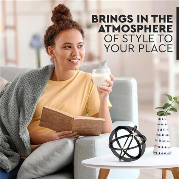 Metal Decorative Sphere for Home Decor - Black & Gold, Hand Painted,Modern Decor - Picture 4 of 6